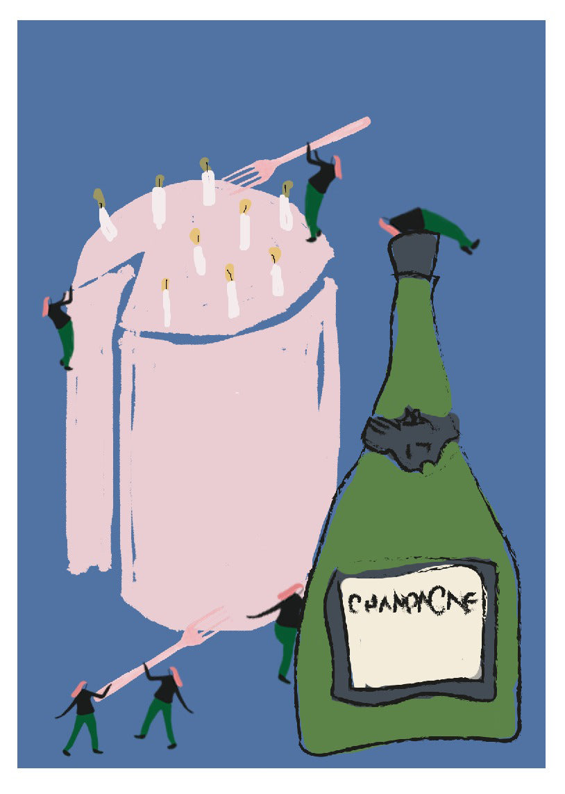 Greetings card - Champagne & Cake